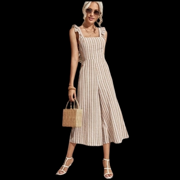 SHEIN Pants - SHEIN Frenchy Ruffle Armhole Open Tieback Striped Jumpsuit
